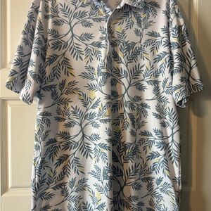 Travis Mathew Blue and Yellow Leaf Pattern Shirt